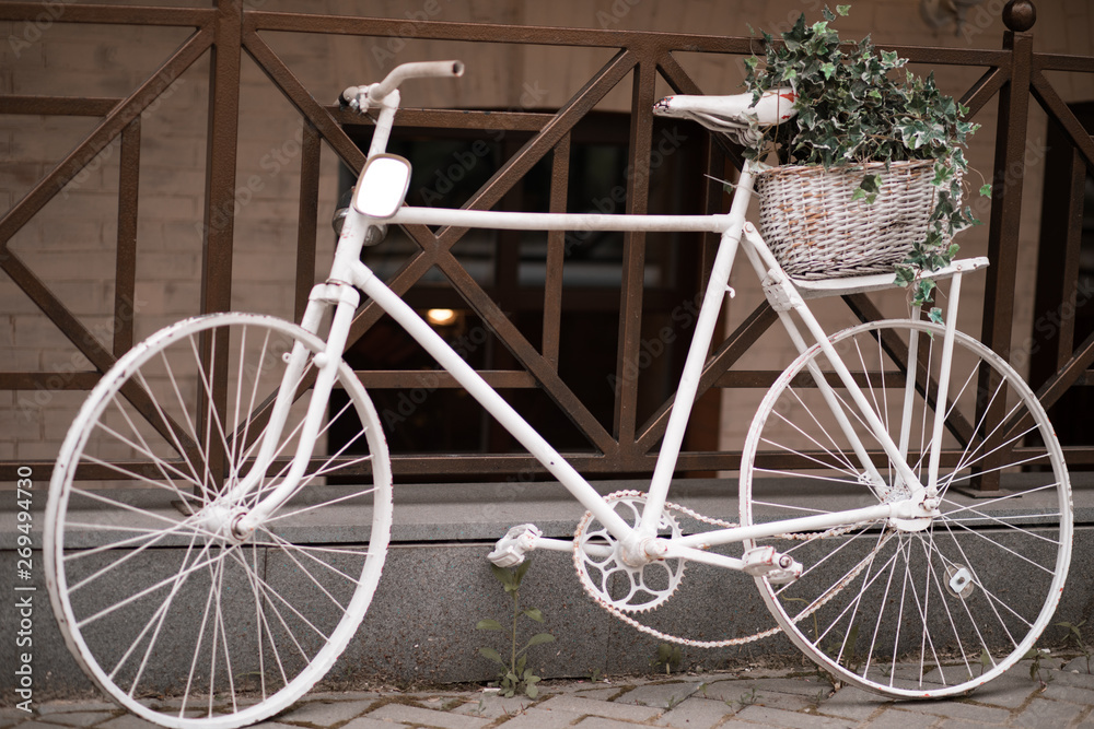 beautiful white bicycle with flowers stands near the cafe