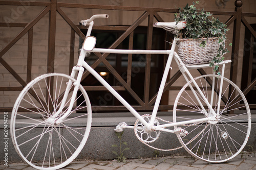 beautiful white bicycle with flowers stands near the cafe © Yura