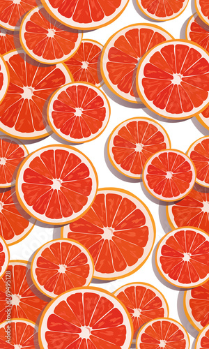 Seamless pattern slice orange fruits overlapping on white background with shadow. Grapefruit vector illustration.