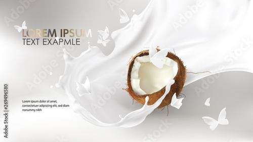 Coconut milk splash swirl realistic vector background. White liquid organic milk on blurred background with white silhouettes of flying butterflies, packaging design element for cosmetics and food