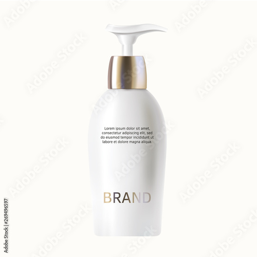 White bottle with silver pump for cosmetic products realistic vector illustration
