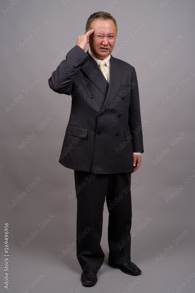 Portrait of mature Asian businessman against gray background Portrait of mature Asian businessman against gray background