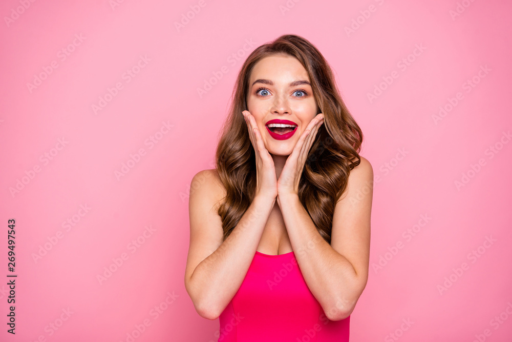 Close up photo amazing beautiful she her lady hands arms cheeks cheekbones unexpected success wear pretty nice cute shiny colorful formal-wear dress isolated pink rose bright vivid background Close up photo amazing beautiful she her lady hands arms cheeks cheekbones unexpected success wear pretty nice cute shiny colorful formal-wear dress isolated pink rose bright vivid background