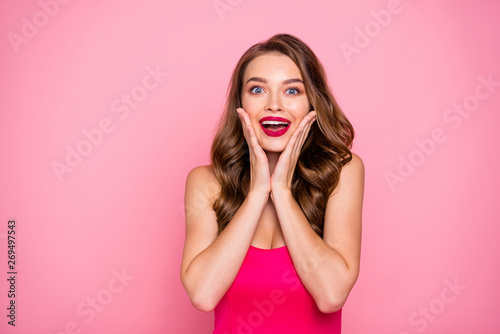 Close up photo amazing beautiful she her lady hands arms cheeks cheekbones unexpected success wear pretty nice cute shiny colorful formal-wear dress isolated pink rose bright vivid background