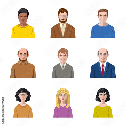 Vector illustration of avatar and face symbol. Set of avatar and profile stock symbol for web.