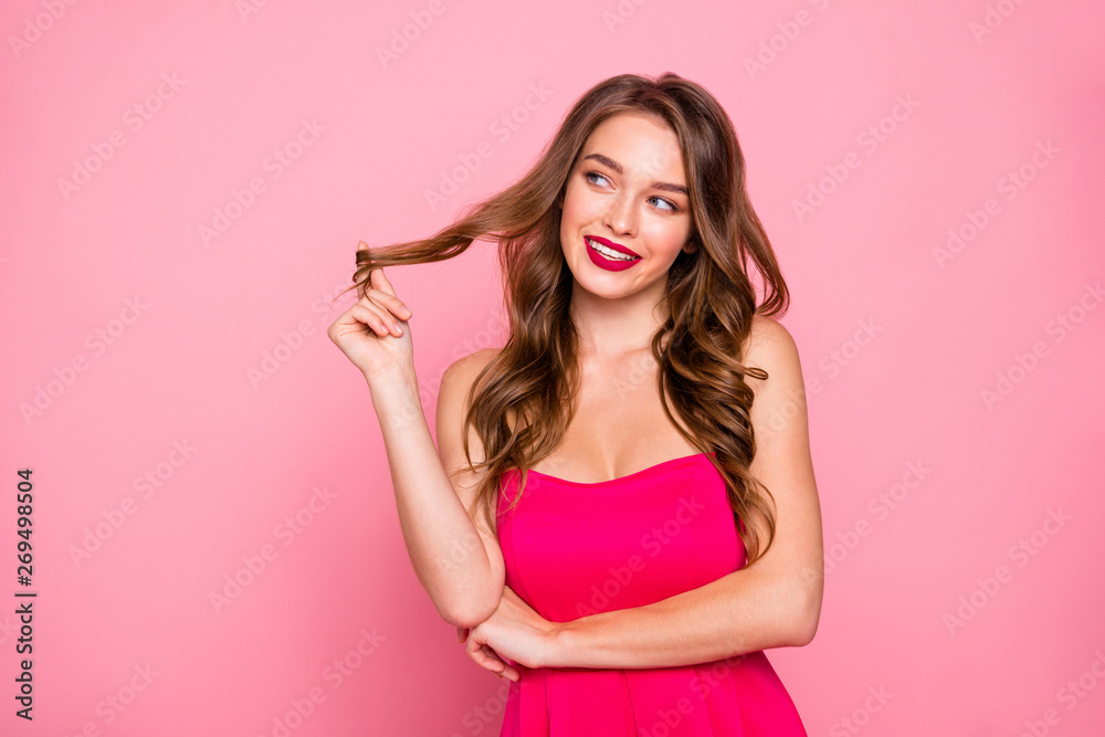 Close up photo amazing beautiful she her lady think over look side empty space hand arm hold winding one curl round finger wear cute shiny colorful dress isolated pink rose bright vivid background Close up photo amazing beautiful she her lady think over look side empty space hand arm hold winding one curl round finger wear cute shiny colorful dress isolated pink rose bright vivid background
