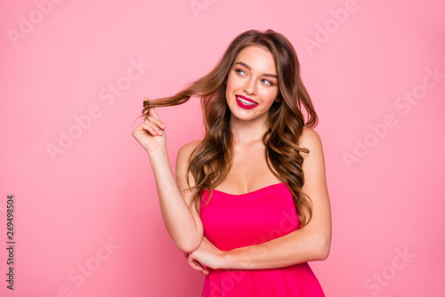 Close up photo amazing beautiful she her lady think over look side empty space hand arm hold winding one curl round finger wear cute shiny colorful dress isolated pink rose bright vivid background