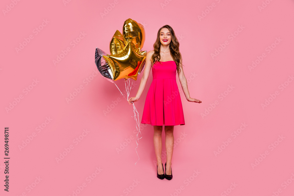 Full length body size photo beautiful amazing she her lady graduation day weekend hand arm hold star shape golden balloons gift present wear colorful formal-wear dress isolated pink bright background - obrazy, fototapety, plakaty 