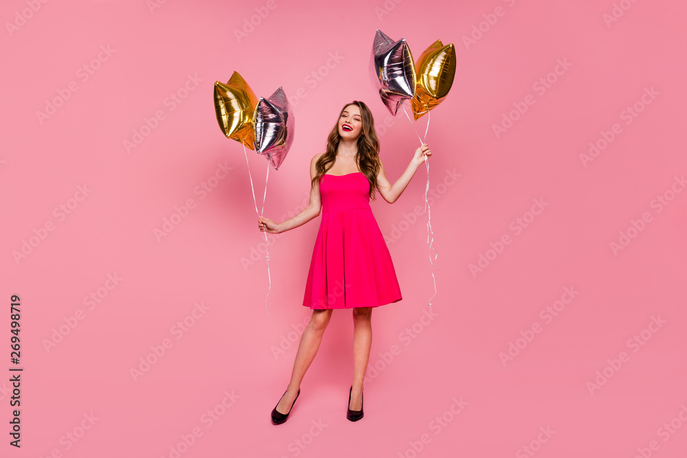 Full length body size photo beautiful amazing she her lady graduation day weekend hand arm hold star shape golden balloons gift present wear colorful formal-wear dress isolated pink bright background Full length body size photo beautiful amazing she her lady graduation day weekend hand arm hold star shape golden balloons gift present wear colorful formal-wear dress isolated pink bright background