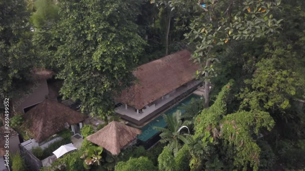 Aerial shooting of tropical spa resort in the middle of jungles, outdoors area Aerial shooting of tropical spa resort in the middle of jungles, outdoors area