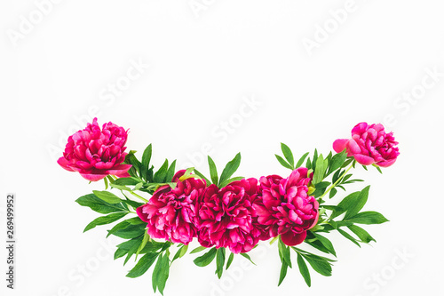 Fototapeta Naklejka Na Ścianę i Meble -  Floral composition made of peony flowers and leaves on white background. Flat lay, top view.