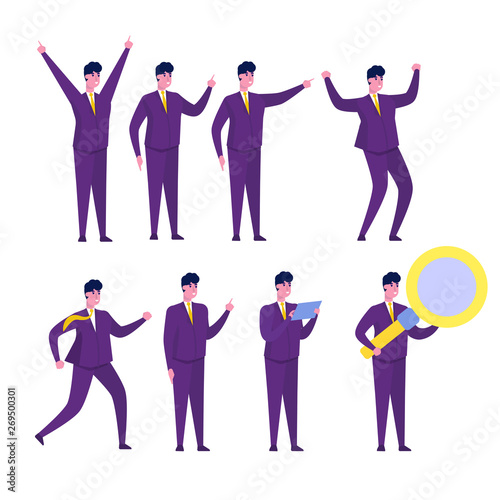 Set of businessman characters in the workplace isolated on white background. Vector illustration.