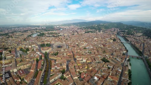 Aerial drone footage over the beautiful town of Verona, Italy.