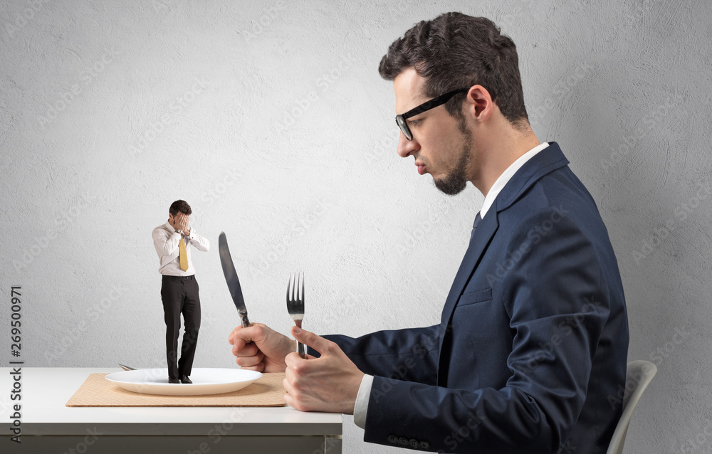 Tiny scared weak businessman almost devoured by great power

