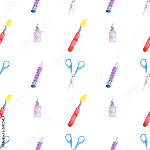 Back to school scissors, marker, glue watercolor hand drawn illustration seamless pattern on white background