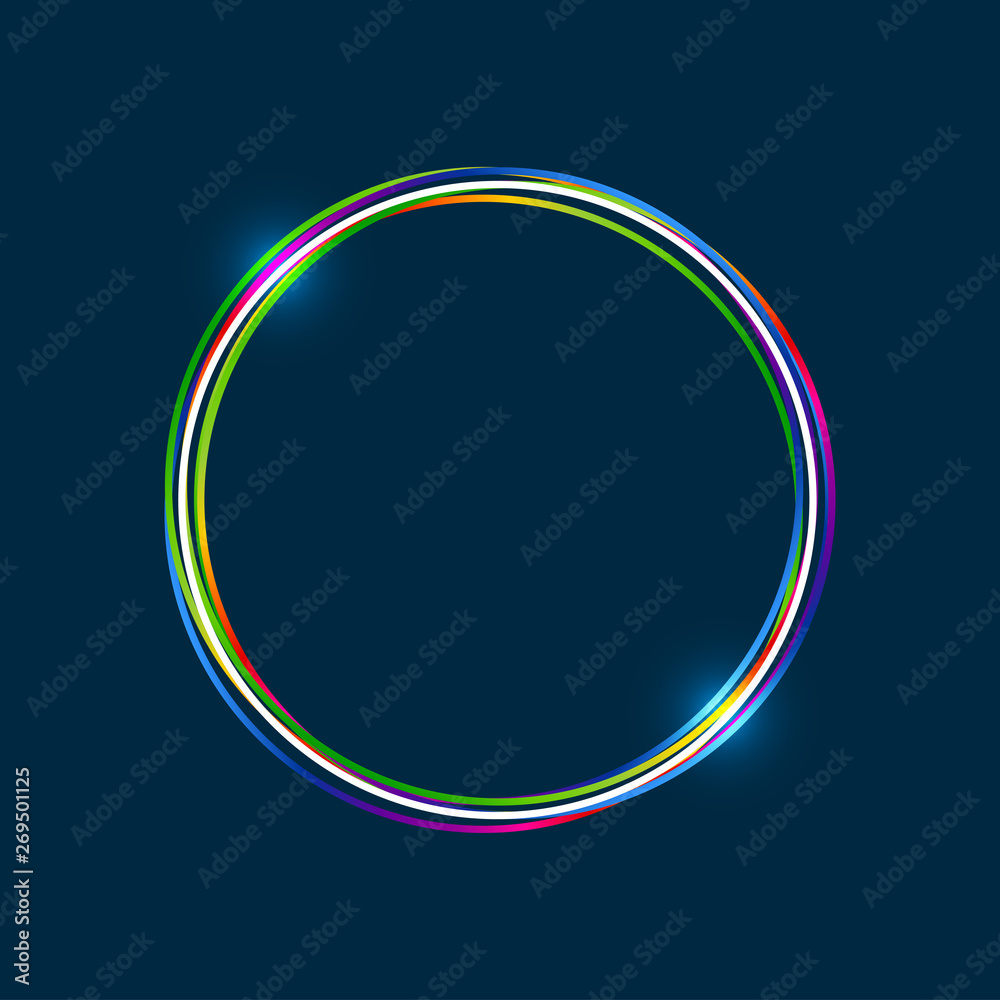 Circle frame with colorful multi-layered outline and glowing light effect on blue background Circle frame with colorful multi-layered outline and glowing light effect on blue background