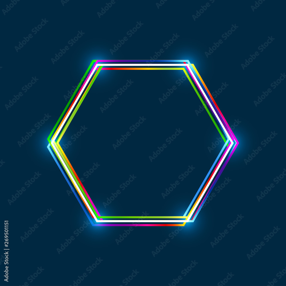 Hexagon frame with colorful multi-layered outline and glowing light effect on blue background Hexagon frame with colorful multi-layered outline and glowing light effect on blue background