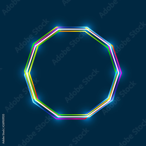 Decagon frame with colorful multi-layered outline and glowing light effect on blue background