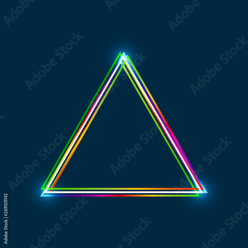 Equilateral triangle frame with colorful multi-layered outline and glowing light effect on blue background