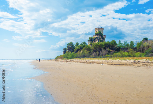 Fototapeta Naklejka Na Ścianę i Meble -  Pineto (Italy) - The touristic sandy beach of Abruzzo with the monumental pine forest and the famous tower castle called Torre di Cerrano