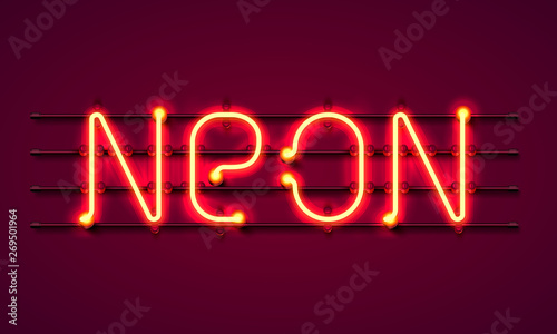 Neon text signboard on red background. Vector