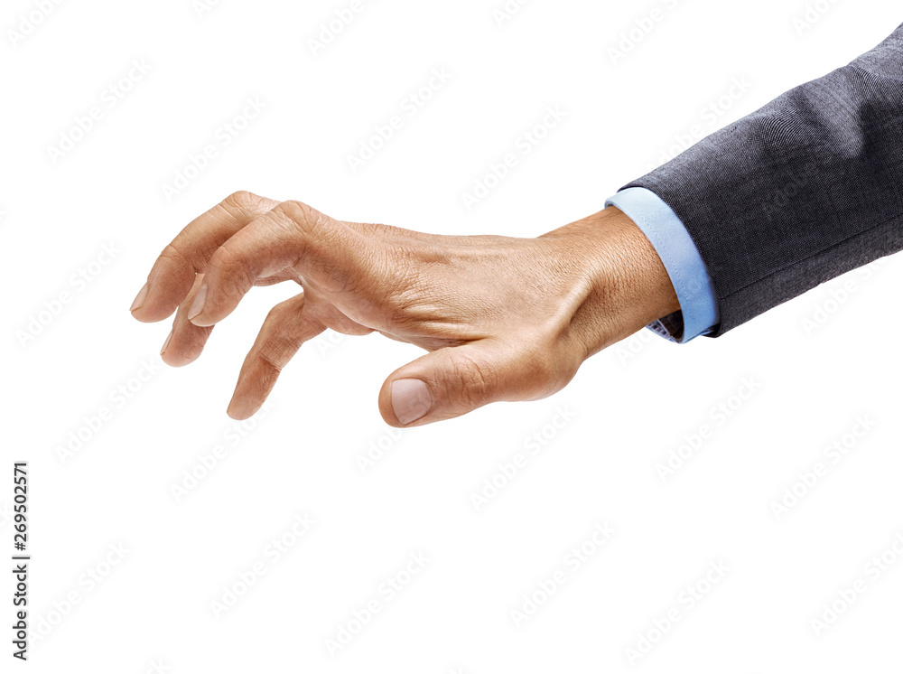 Man's hand in suit grabbing to something isolated on white background. Close up. High resolution product Man's hand in suit grabbing to something isolated on white background. Close up. High resolution product