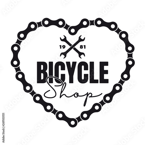 Vector black logo heart from bike chain with text bicycle shop created. Isolated on white background.