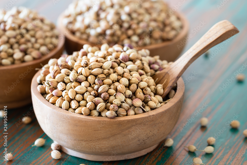 Organic Dried coriander seeds in wooden bowl with spoon on colored rustic background. Organic Dried coriander seeds in wooden bowl with spoon on colored rustic background.