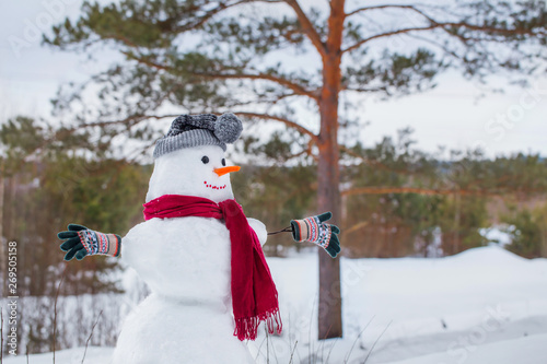 snowman in red scarf in forest
