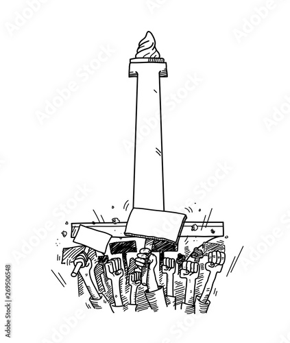 Riot and Protest in Indonesia, a hand drawn vector doodle illustration of a protest in Jakarta at National Monument of Indonesia.