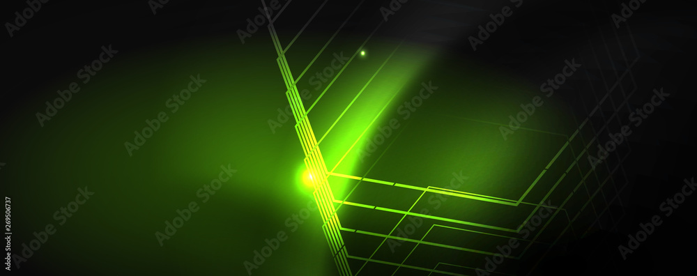Shiny neon techno template. Neon lines background, 80s style laser rays