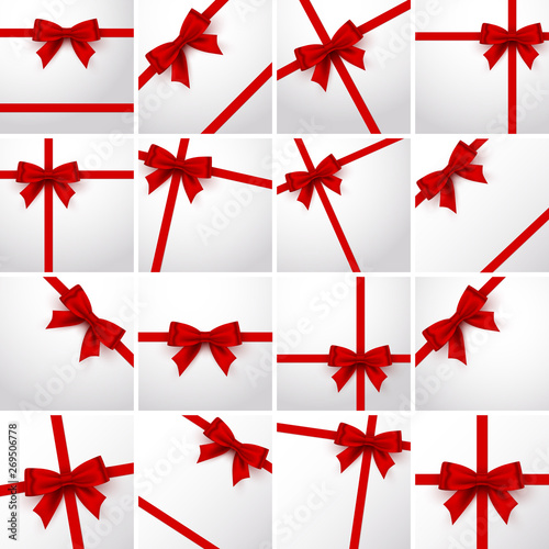 Gift Ribbon red Bow collection set, white background.