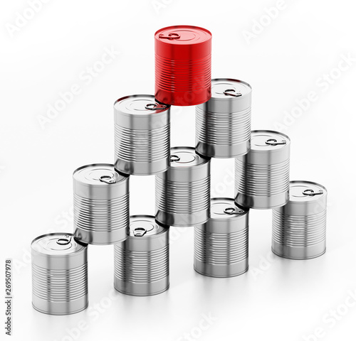 Tower of tin cans with one red can isolated on white background. 3D illustration
