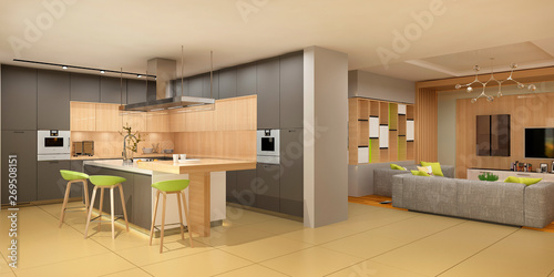 Modern kitchen interior. 3d rendering.