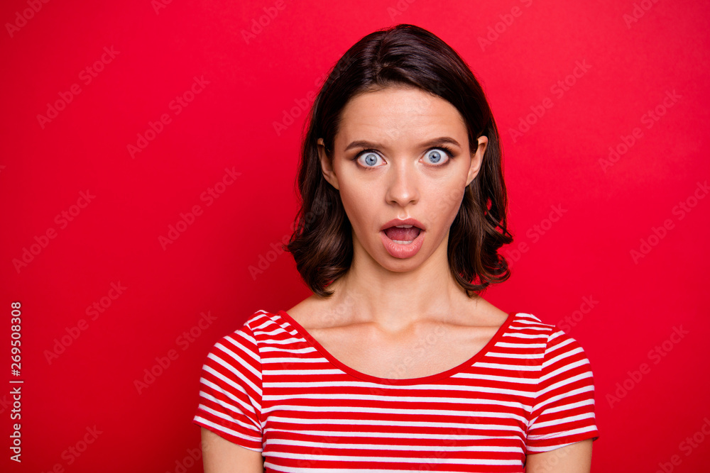 Close up photo of disappointed terrified cute lady youth scream shout wonder impressed horrible terrible secret gossip novelty stressed upset astonished wear striped t-shirt isolated red background Close up photo of disappointed terrified cute lady youth scream shout wonder impressed horrible terrible secret gossip novelty stressed upset astonished wear striped t-shirt isolated red background