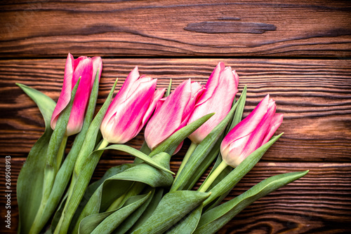  Bouquet of pink tulips on brown wooden background. 