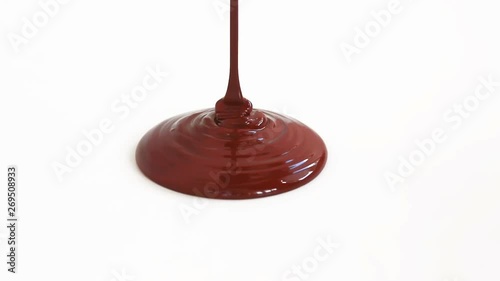 Melted chocolate syrup on white background.