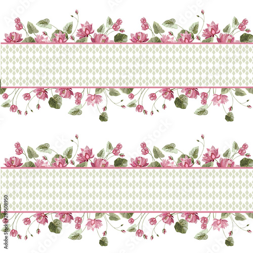Horizontal border of pink Lotus flower and elements of boho style. Seamless pattern