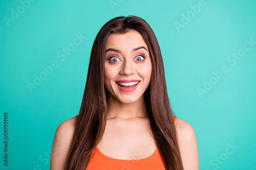Portrait of charming pretty teen teenager astonished impressed incredible novelty news wonder scream shout friendly reaction optimistic good-looking wear nice summer clothing isolated teal background