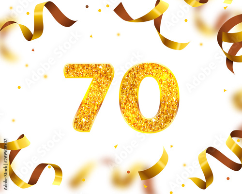 Photography Anniversary Banner 70th, Gold Ribbon Fly. Vector