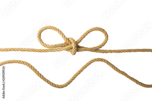 Rope isolated. Closeup of figure node or knot from two brown ropes isolated on a white background. Navy and angler knot or sailors knot. © Olga