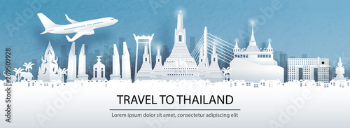 Travel advertising with travel to Thailand concept with panorama view of Bangkok city skyline and world famous landmarks in paper cut style vector illustration.