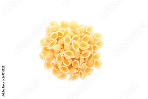 Pasta isolated on white background, top view. Traditional shape of dry uncooked whole pasta