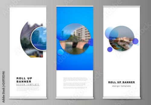 The vector illustration of the editable layout of roll up banner stands, vertical flyers, flags design business templates. Creative modern blue background with circles and round shapes.