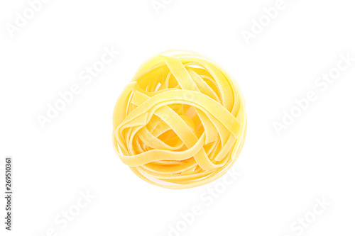 Pasta isolated on white background, top view. Traditional shape of dry uncooked whole pasta