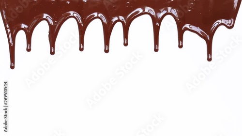 Melted chocolate syrup on white background.