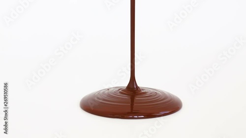 Melted chocolate syrup on white background.