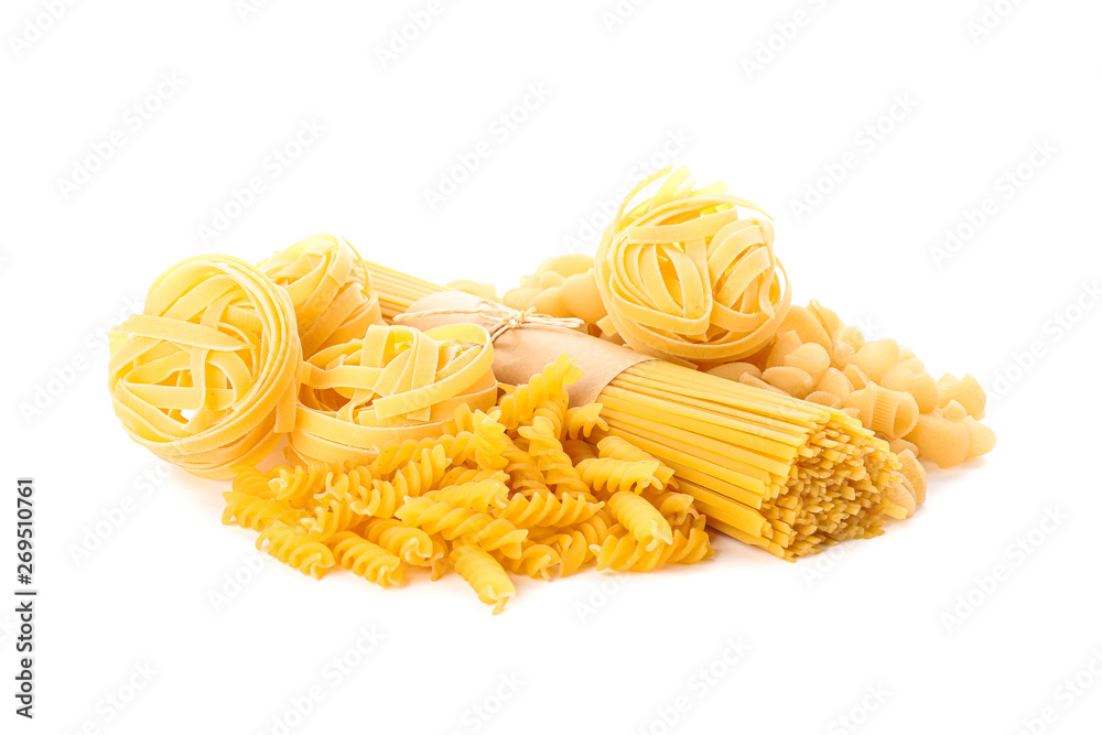 Pasta isolated on white background. Uncooked whole wheat pasta
