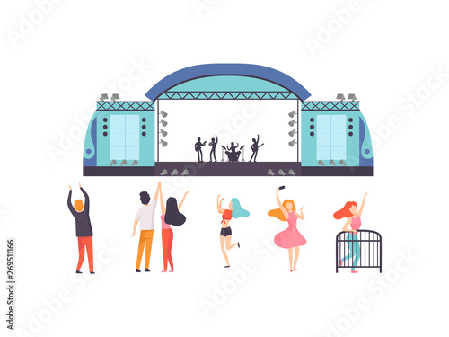 Open Air Festival, Music Band Performing on Stage, People Dancing, Cheering, Partying, Relaxing Vector Illustration