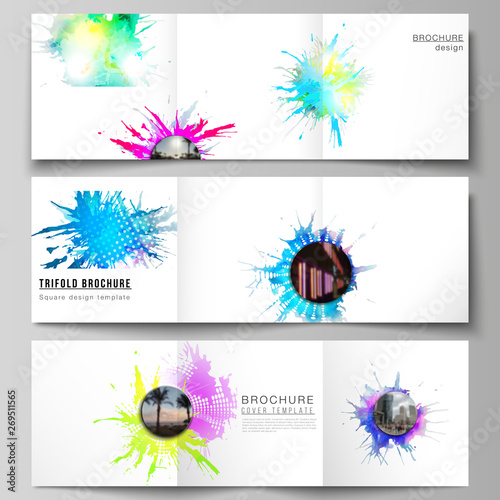 The minimal vector editable layout of square format covers design templates for trifold brochure, flyer, magazine. Colorful watercolor paint stains vector backgrounds. © Raevsky Lab